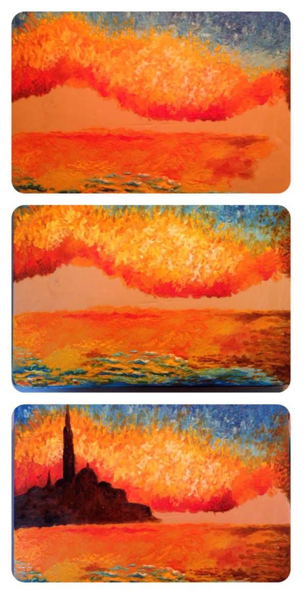 in progress sunset royal icing painting cake 2